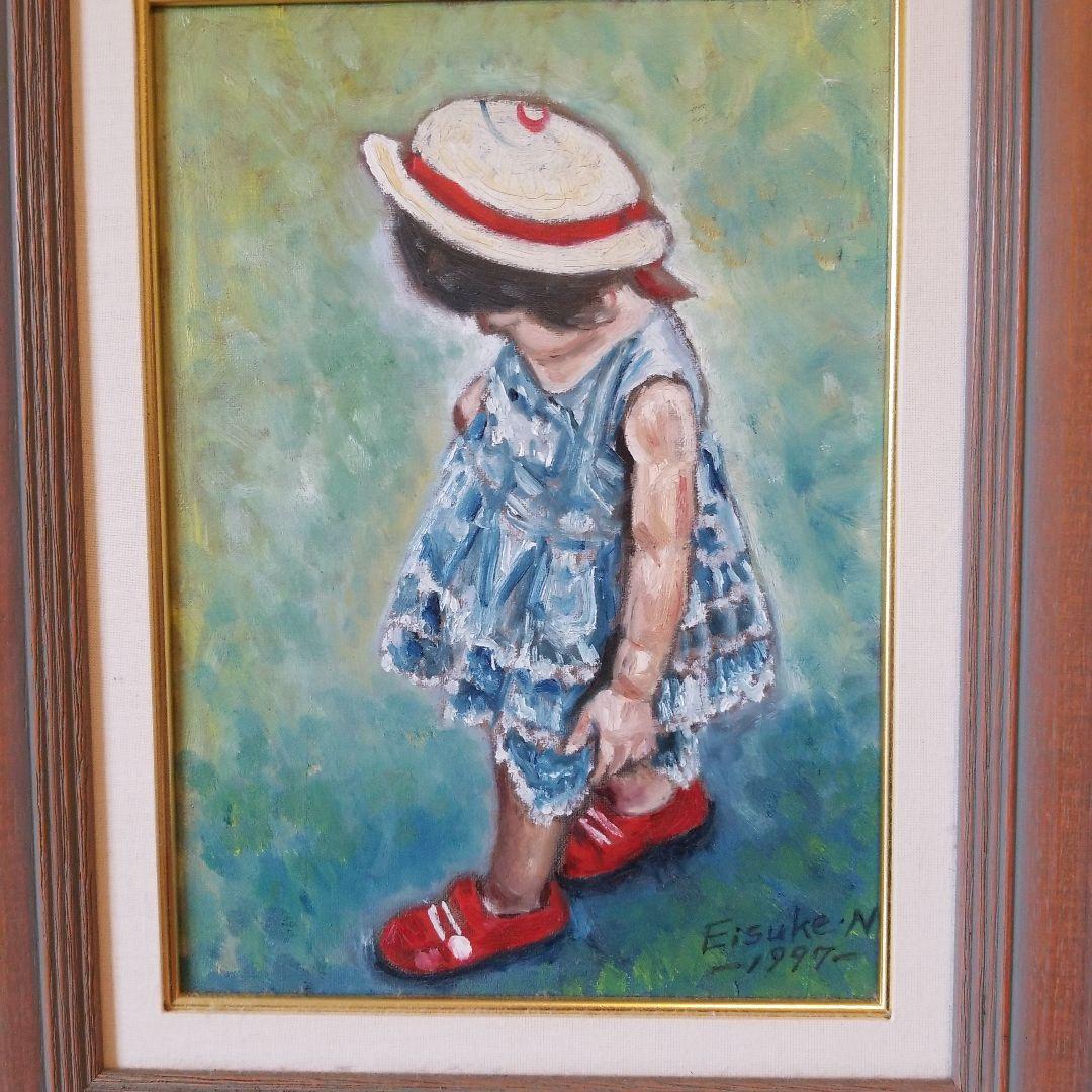 油絵　絵画　題名《　赤い靴　》F4 額付き 2000年