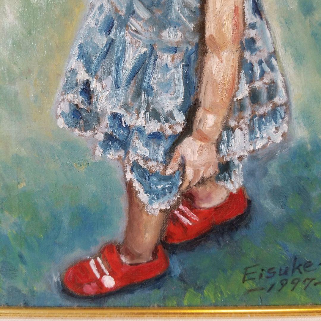 油絵　絵画　題名《　赤い靴　》F4 額付き 2000年