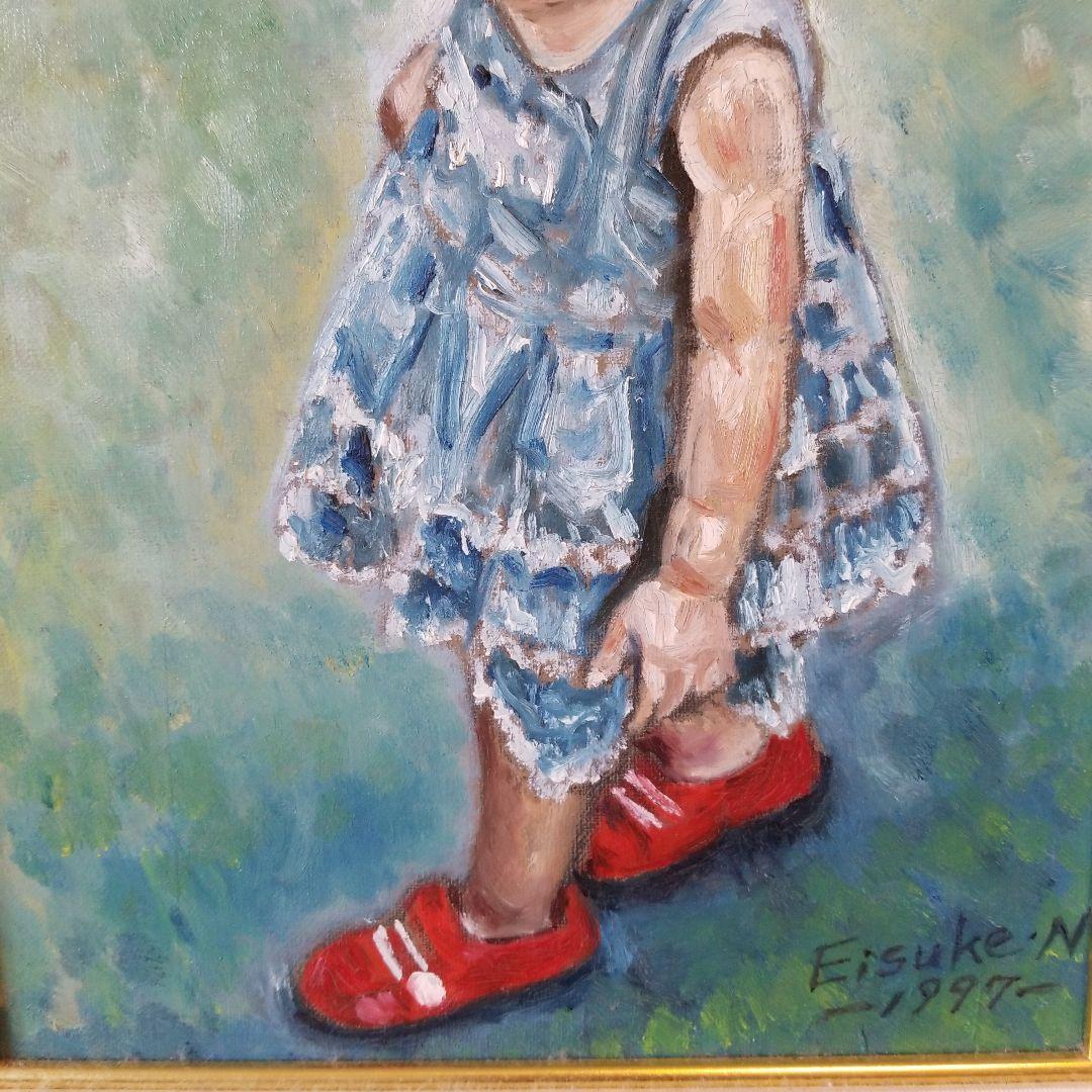 油絵　絵画　題名《　赤い靴　》F4 額付き 2000年