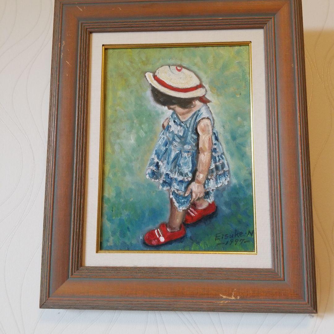 油絵　絵画　題名《　赤い靴　》F4 額付き 2000年