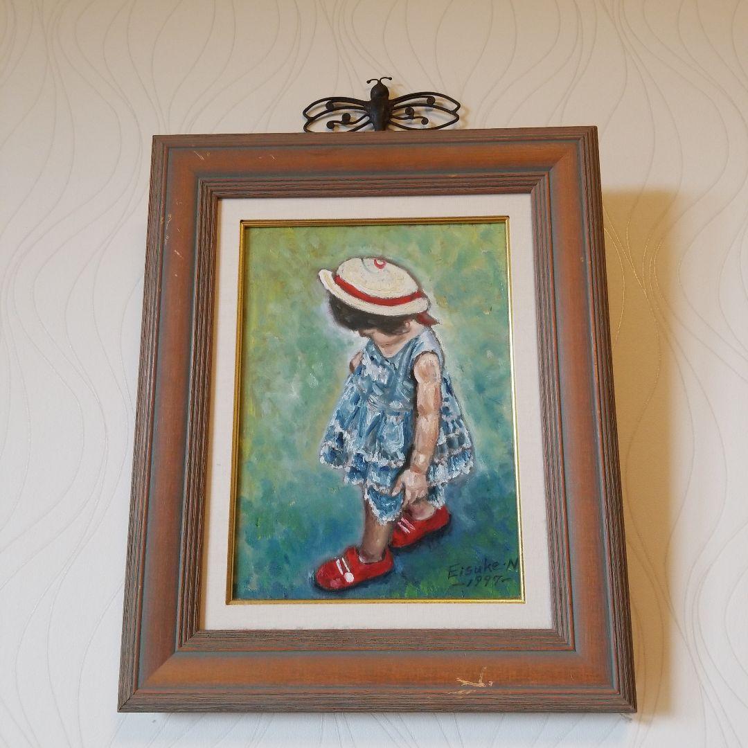 油絵　絵画　題名《　赤い靴　》F4 額付き 2000年