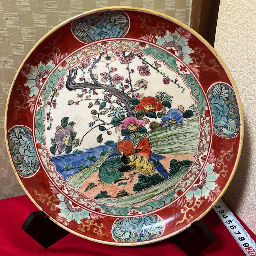 九谷焼　大皿　時代古作　時代九谷　色絵花鳥文大皿　明治九谷　古九谷