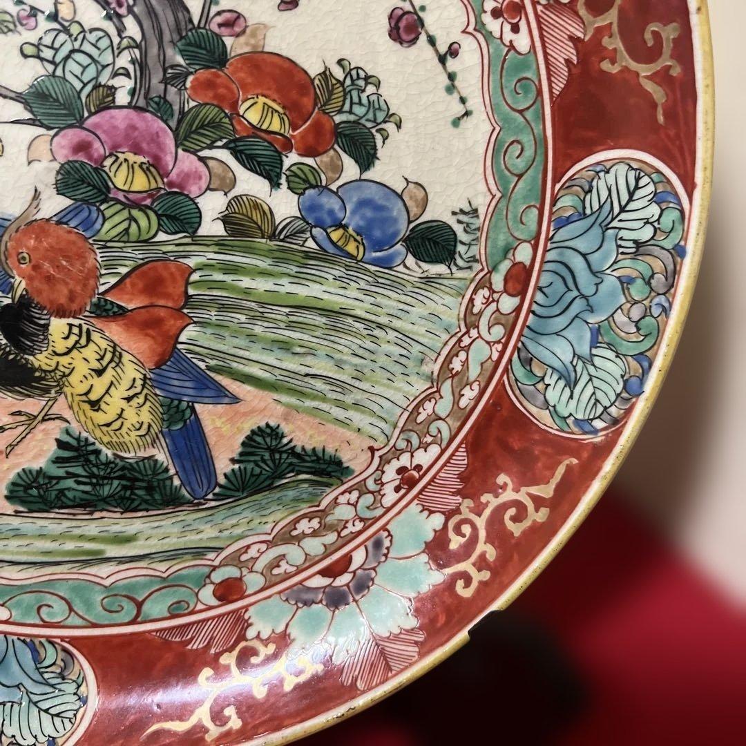 九谷焼　大皿　時代古作　時代九谷　色絵花鳥文大皿　明治九谷　古九谷