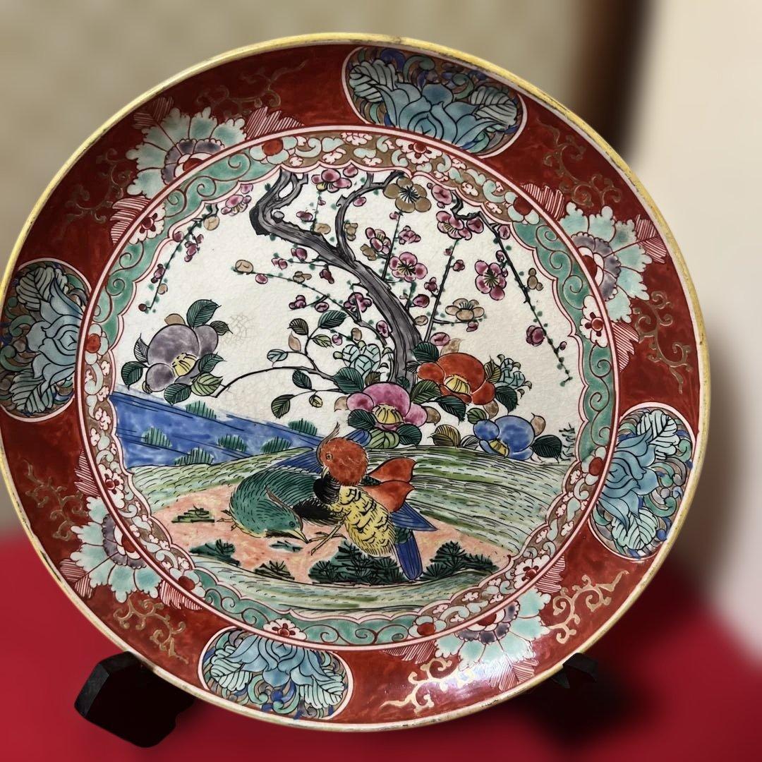九谷焼　大皿　時代古作　時代九谷　色絵花鳥文大皿　明治九谷　古九谷