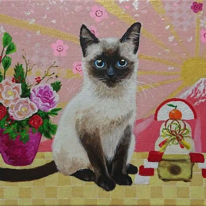 猫の手描き絵画 シャム猫 絵画。原画手描【シャム猫たちはデート記念日