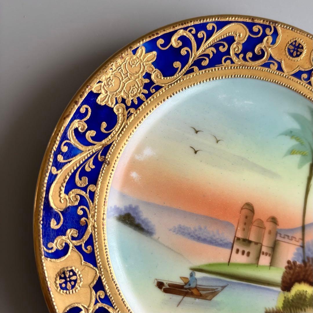 戦前期MEITO 名陶 手描き 豪奢な装飾絵皿 金彩xコバルトブルー 【稀少