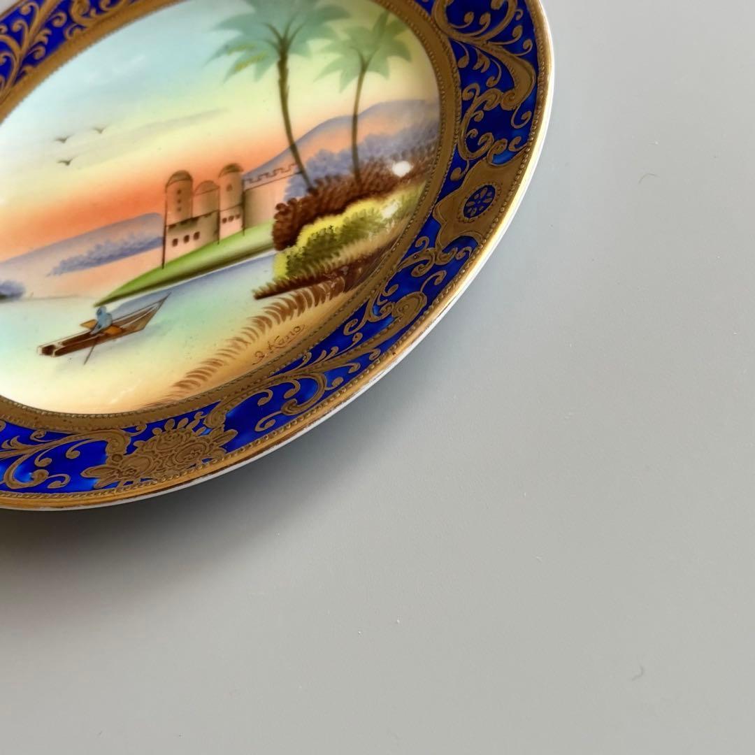 戦前期MEITO 名陶 手描き 豪奢な装飾絵皿 金彩xコバルトブルー 【稀少