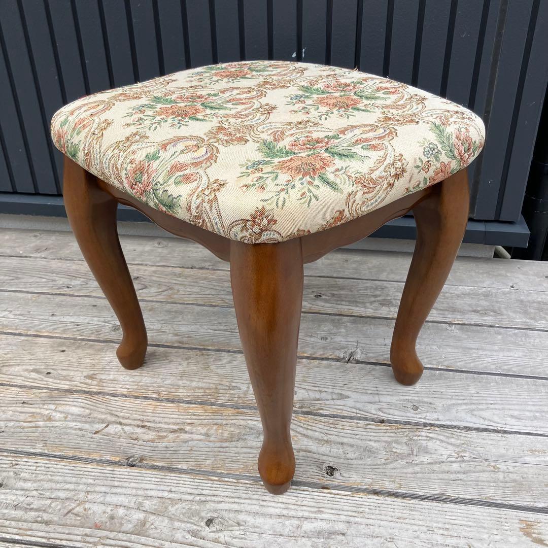 アンティーク 花柄ゴブラン織りチェア 猫脚スツール 木製椅子コスメティックチェア