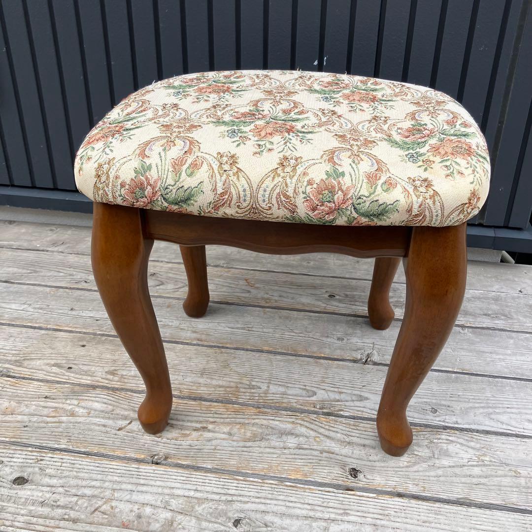 アンティーク 花柄ゴブラン織りチェア 猫脚スツール 木製椅子コスメティックチェア