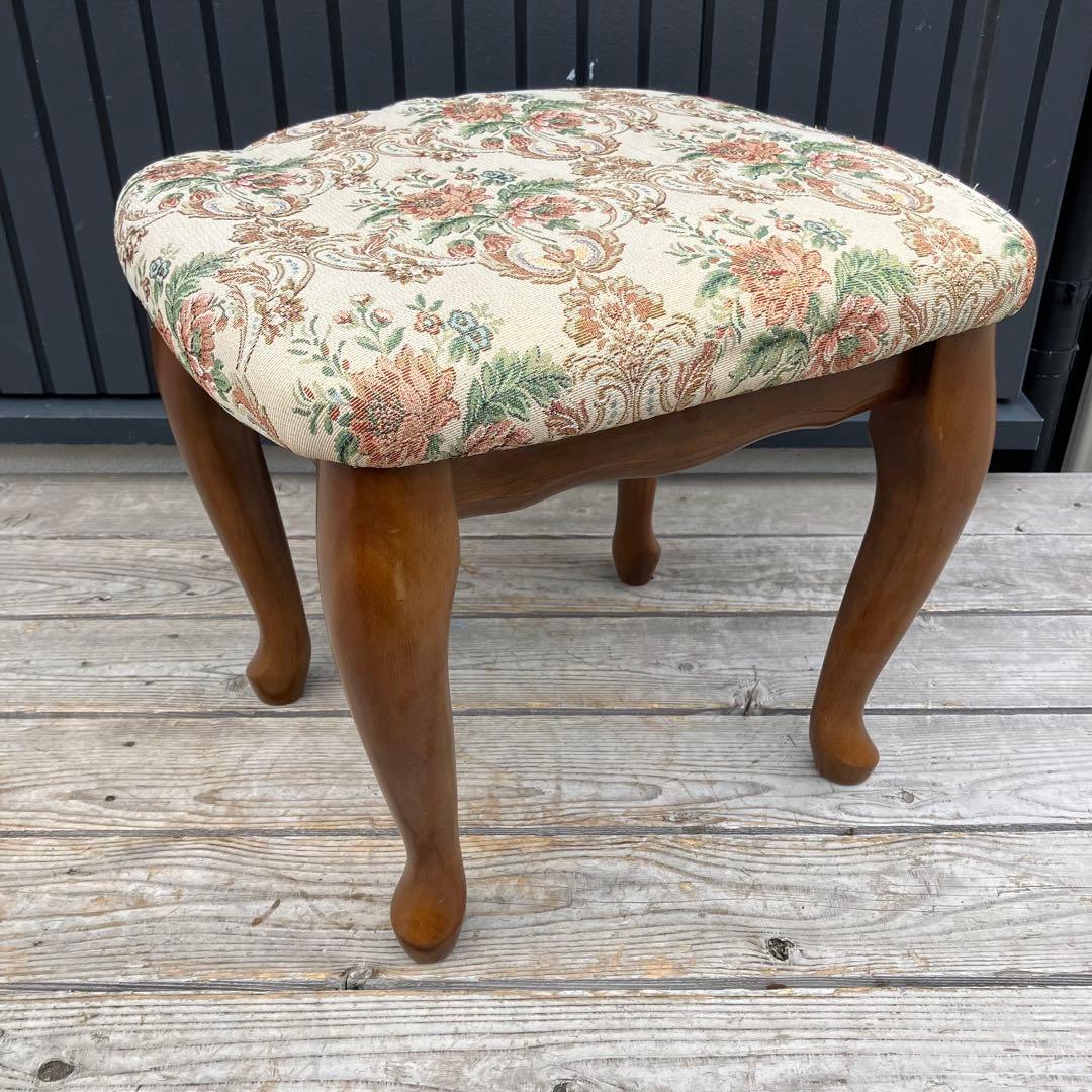 アンティーク 花柄ゴブラン織りチェア 猫脚スツール 木製椅子コスメティックチェア