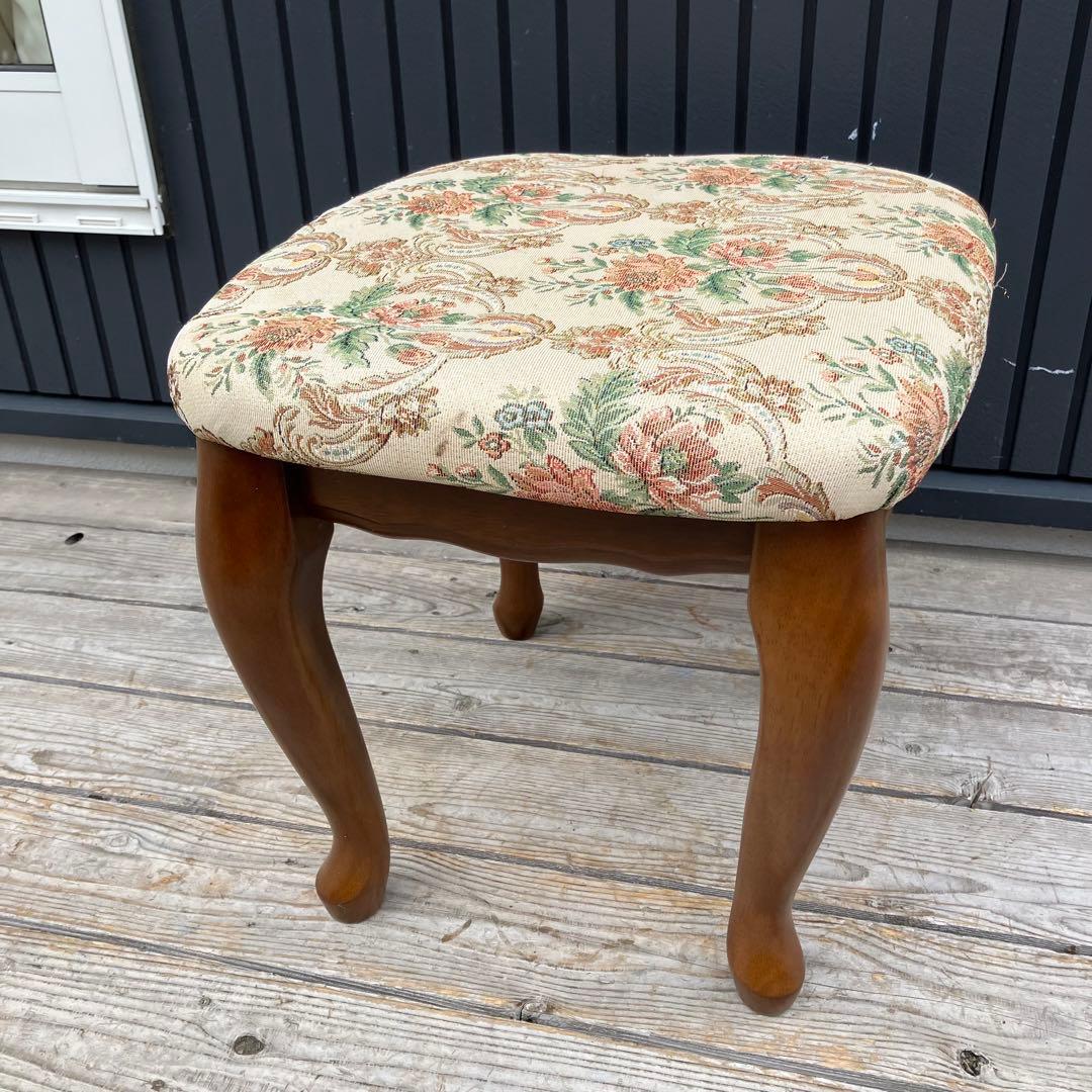 アンティーク 花柄ゴブラン織りチェア 猫脚スツール 木製椅子コスメティックチェア