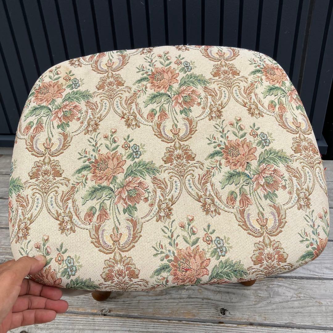 アンティーク 花柄ゴブラン織りチェア 猫脚スツール 木製椅子コスメティックチェア