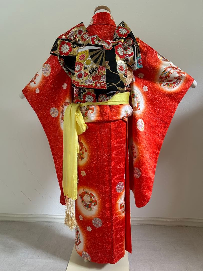 7歳　七五三　正絹着物　古典柄　帯　帯揚げ　帯締め　バッグ　はこせこ　扇子