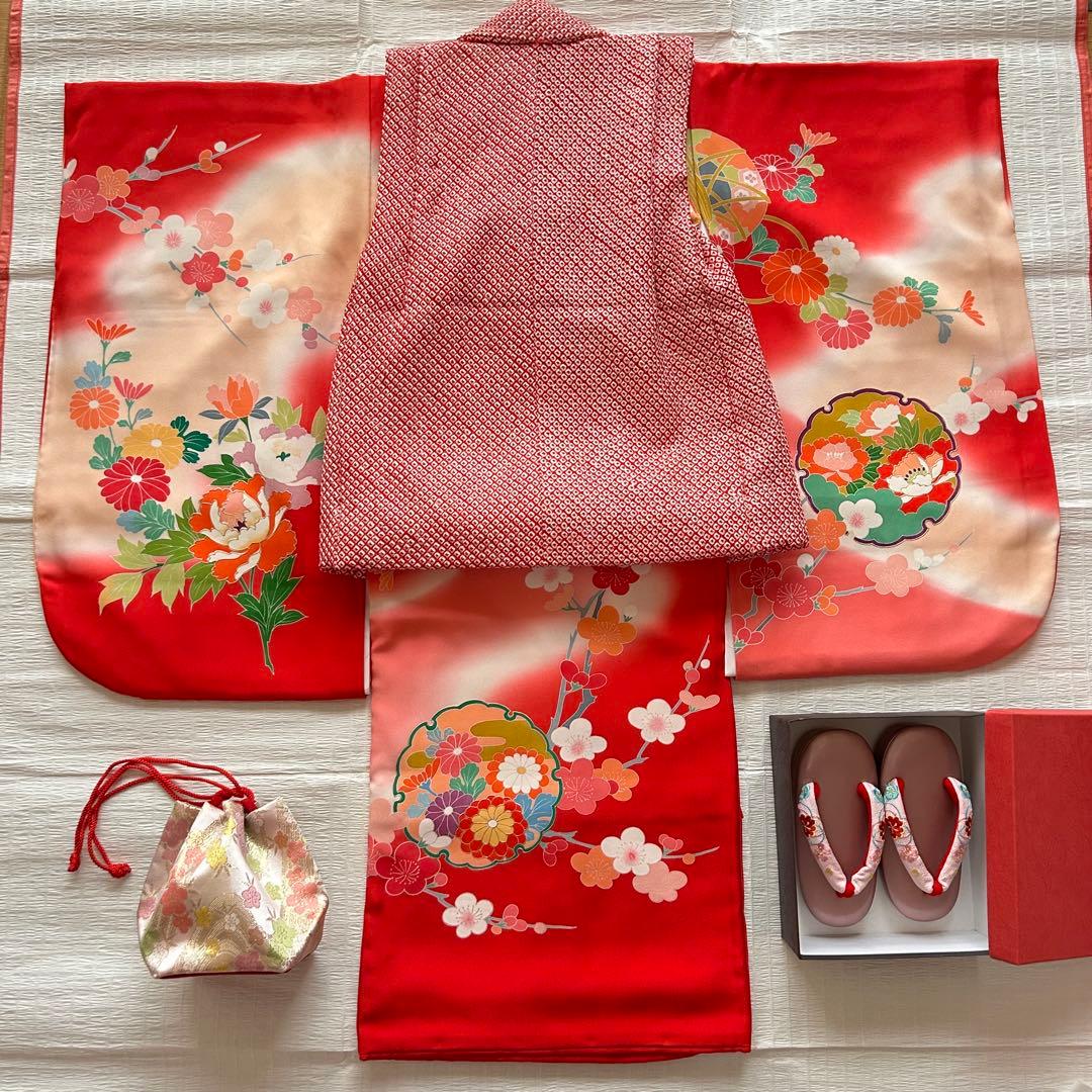 七五三 3歳 総絞り 被布 着物 絹 三歳 赤 草履 753 女の子 友禅染