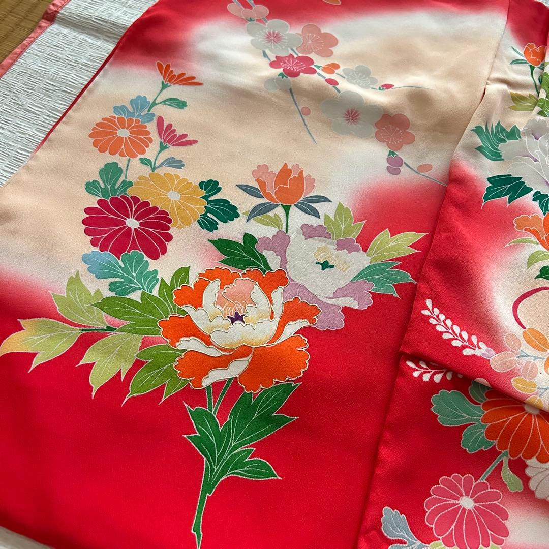 七五三 3歳 総絞り 被布 着物 絹 三歳 赤 草履 753 女の子 友禅染