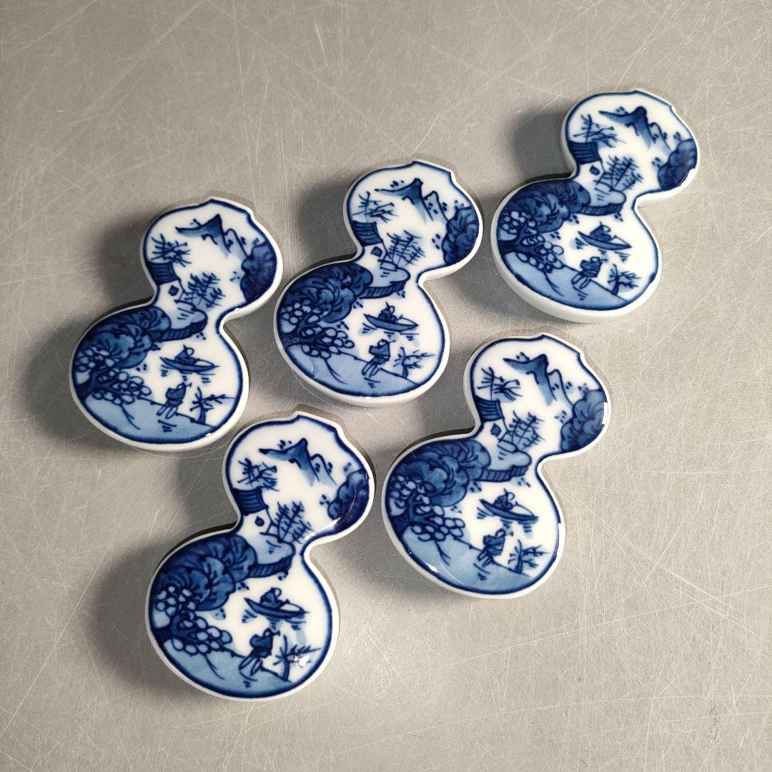 A1306-2/有田焼/源右衛門窯/染付山水人物図箸置5客/共箱/懐石道具/