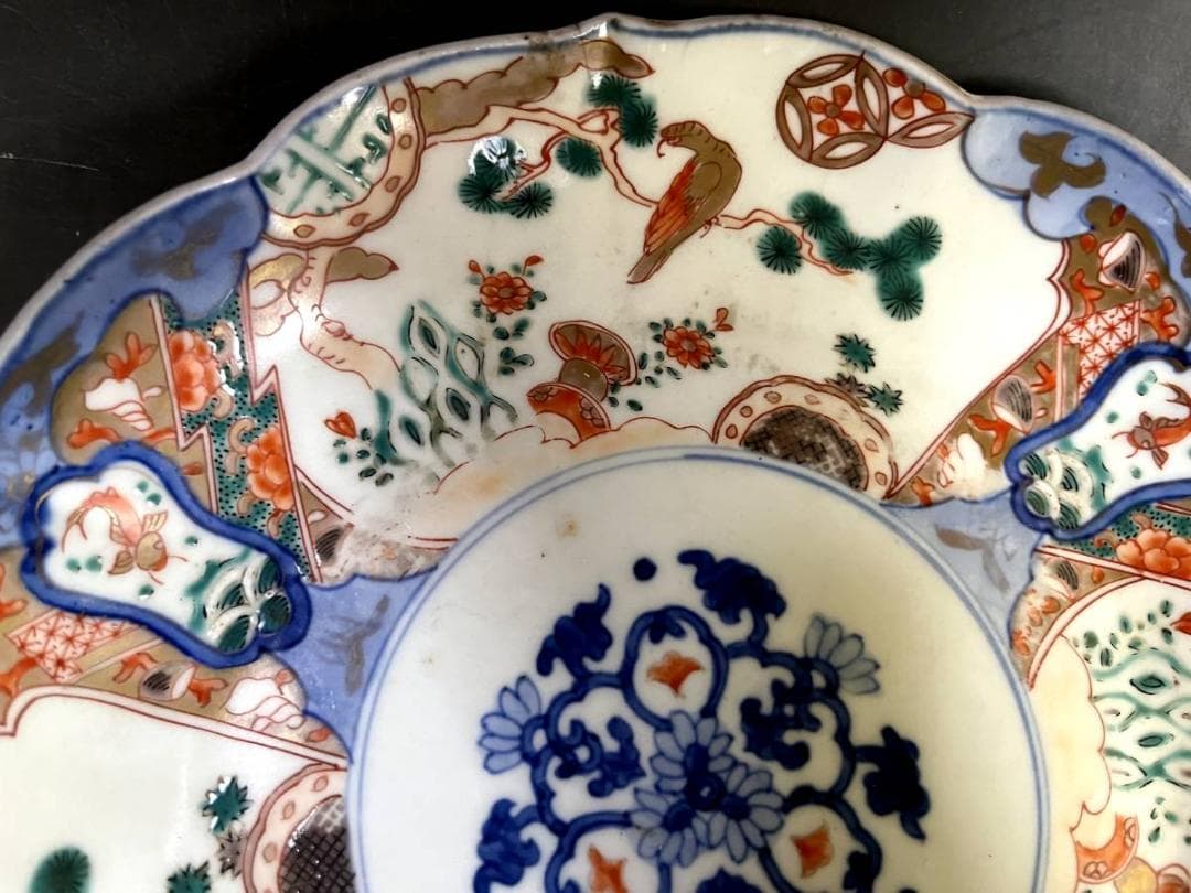 皿■赤絵花弁型窓花鳥紋皿(江戸後期～明治期)鯉 松竹梅 中皿 2枚セット 骨董■