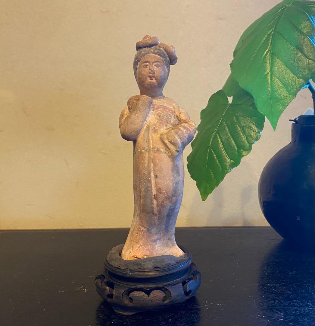 アンティーク 加彩婦人俑「かさいふじんよう」・鑑賞台付・2点セット