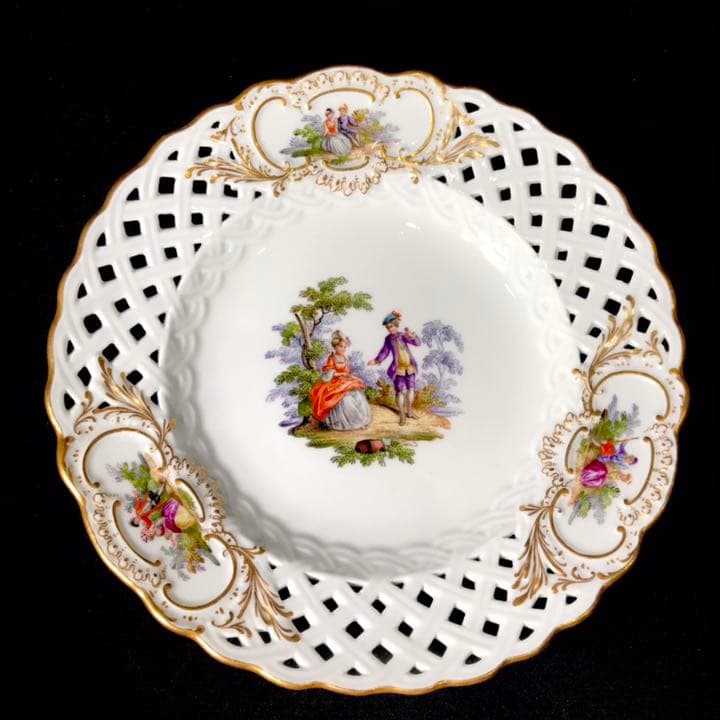 Meissen古マイセン/※美術館級 超レア1級品 ワトー上級4面絵付透かし皿C