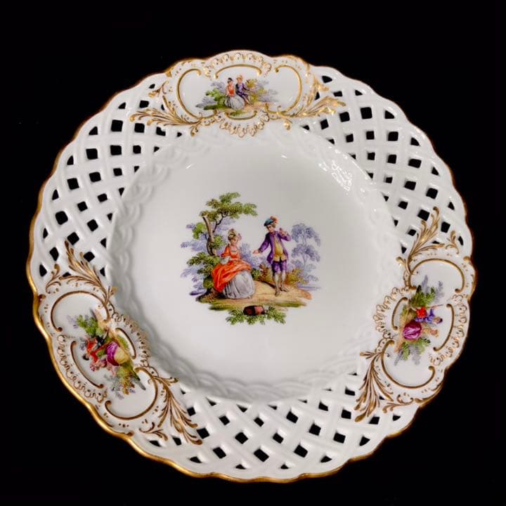 Meissen古マイセン/※美術館級 超レア1級品 ワトー上級4面絵付透かし皿C