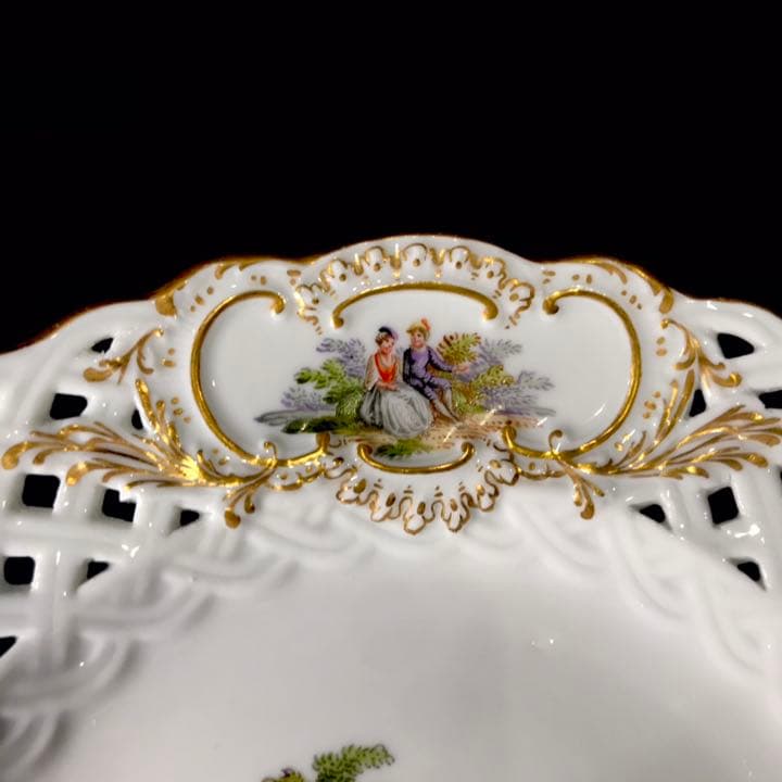 Meissen古マイセン/※美術館級 超レア1級品 ワトー上級4面絵付透かし皿C