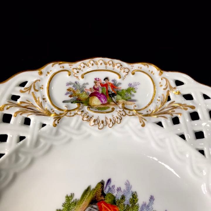 Meissen古マイセン/※美術館級 超レア1級品 ワトー上級4面絵付透かし皿C