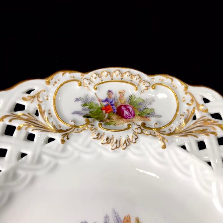 Meissen古マイセン/※美術館級 超レア1級品 ワトー上級4面絵付透かし皿C