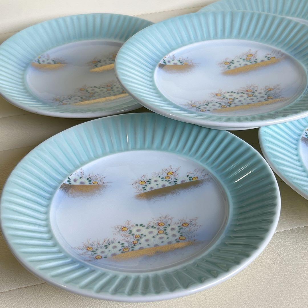 深川製磁　金襴草花　青磁　和皿揃え　5枚セット　中皿　金彩　色絵　和食器　高台皿