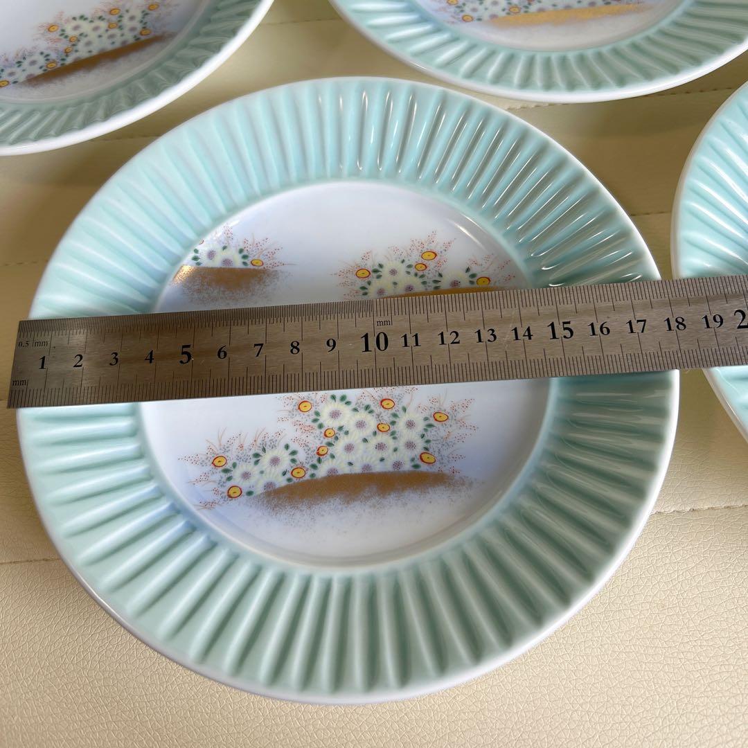 深川製磁　金襴草花　青磁　和皿揃え　5枚セット　中皿　金彩　色絵　和食器　高台皿