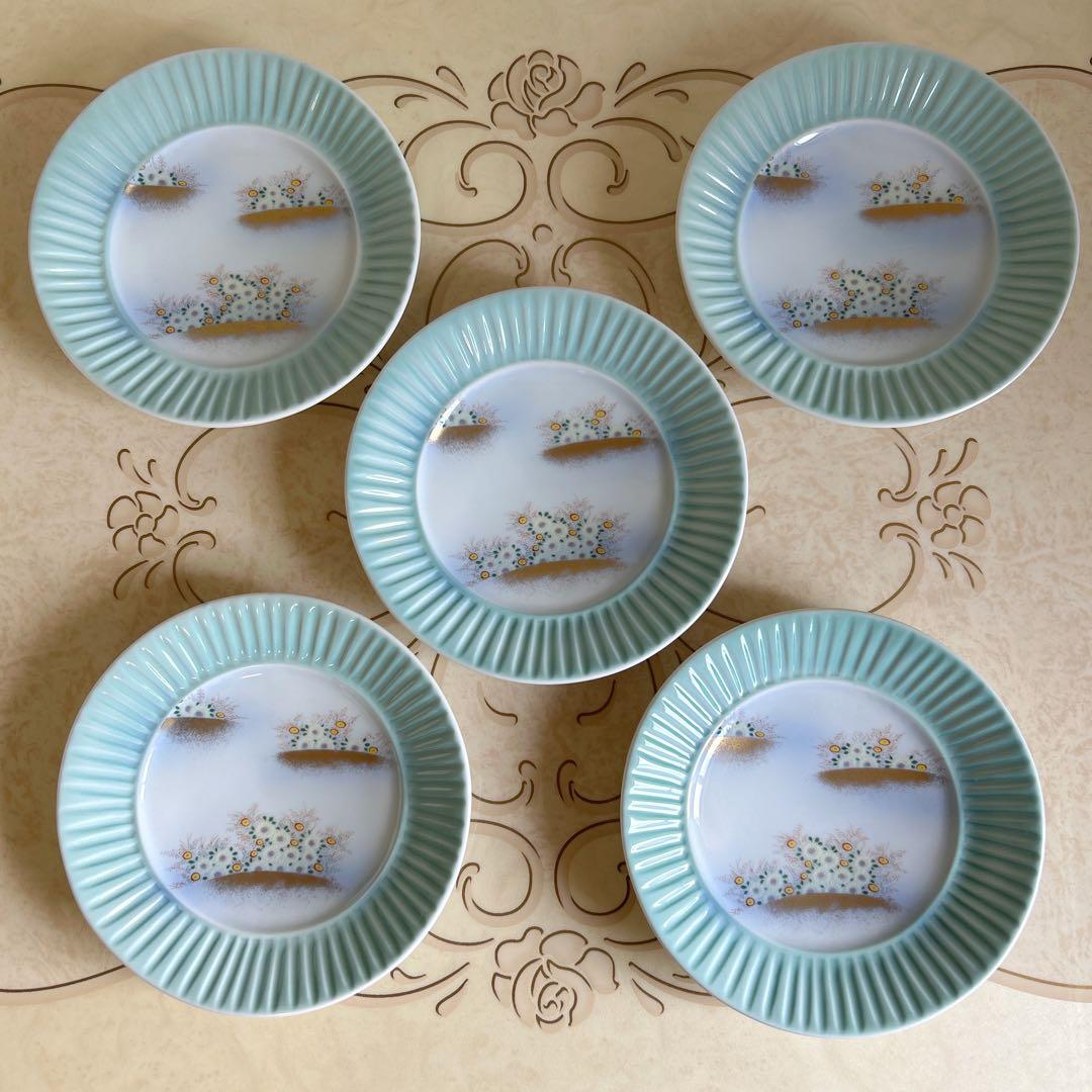 深川製磁　金襴草花　青磁　和皿揃え　5枚セット　中皿　金彩　色絵　和食器　高台皿