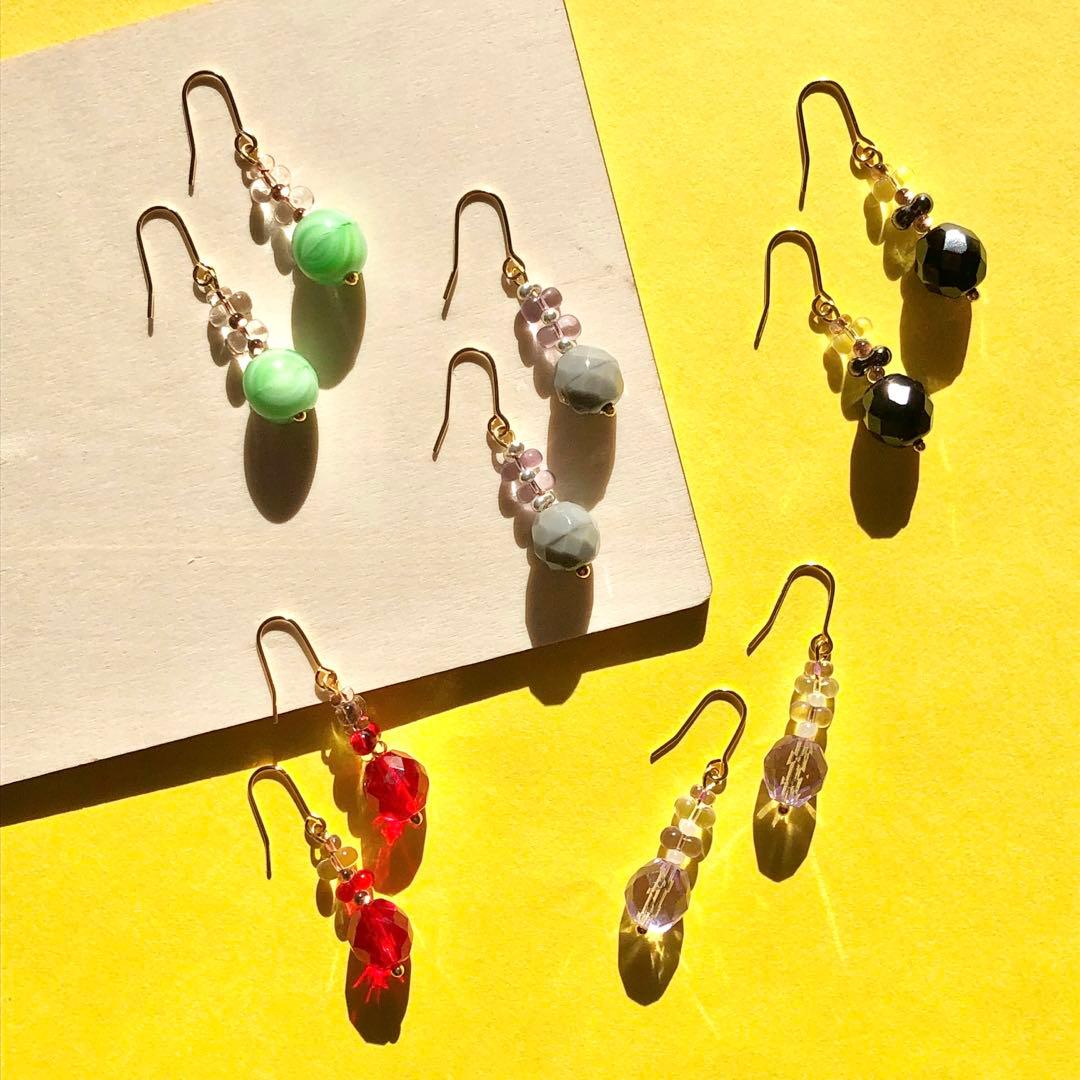 【505】チェコビーズ グレー パープル ガラス ビーズ ピアス イヤリング