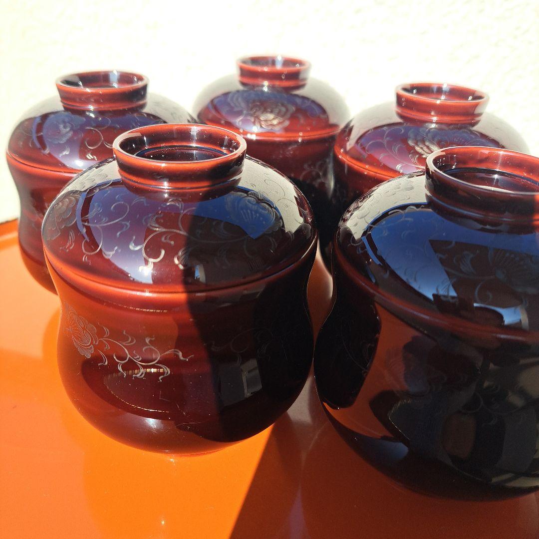 【輪島塗　五島屋謹製　小吸物椀×5客】布着本堅地　沈黒　西村国峰作　 共箱なし