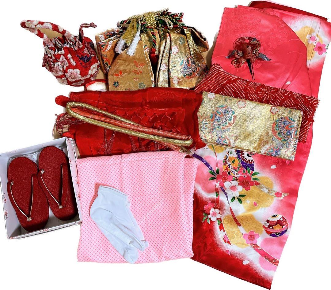 【中古】七五三着物セット 3歳　正絹 昭和レトロ　正月