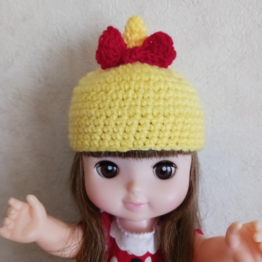 赤りぼん付き黄色どんぐりニット帽子☆メルちゃんレミン&ソラン人形用