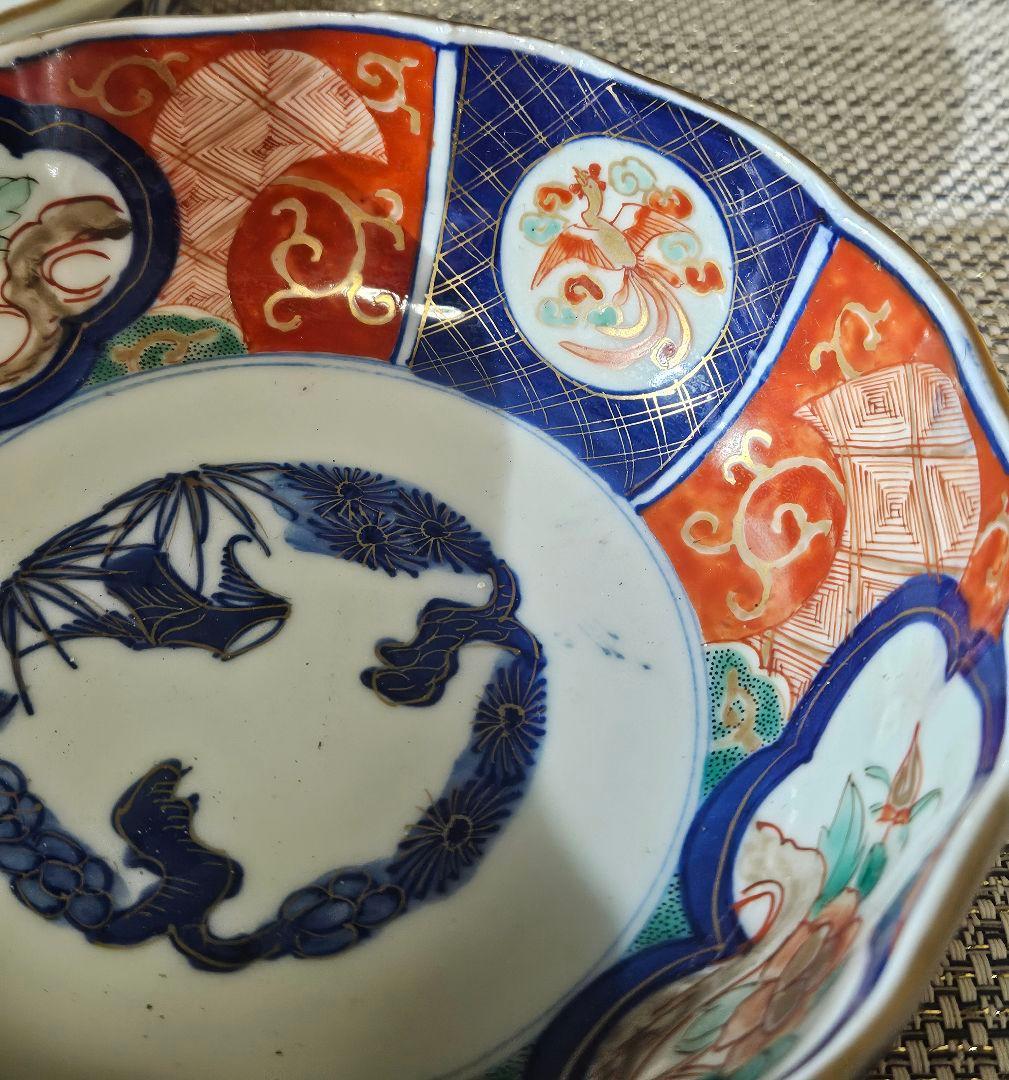 上作品❗️明治時代 古伊万里 錦手 花に鳳 凰 大振なます皿2客 径17.6