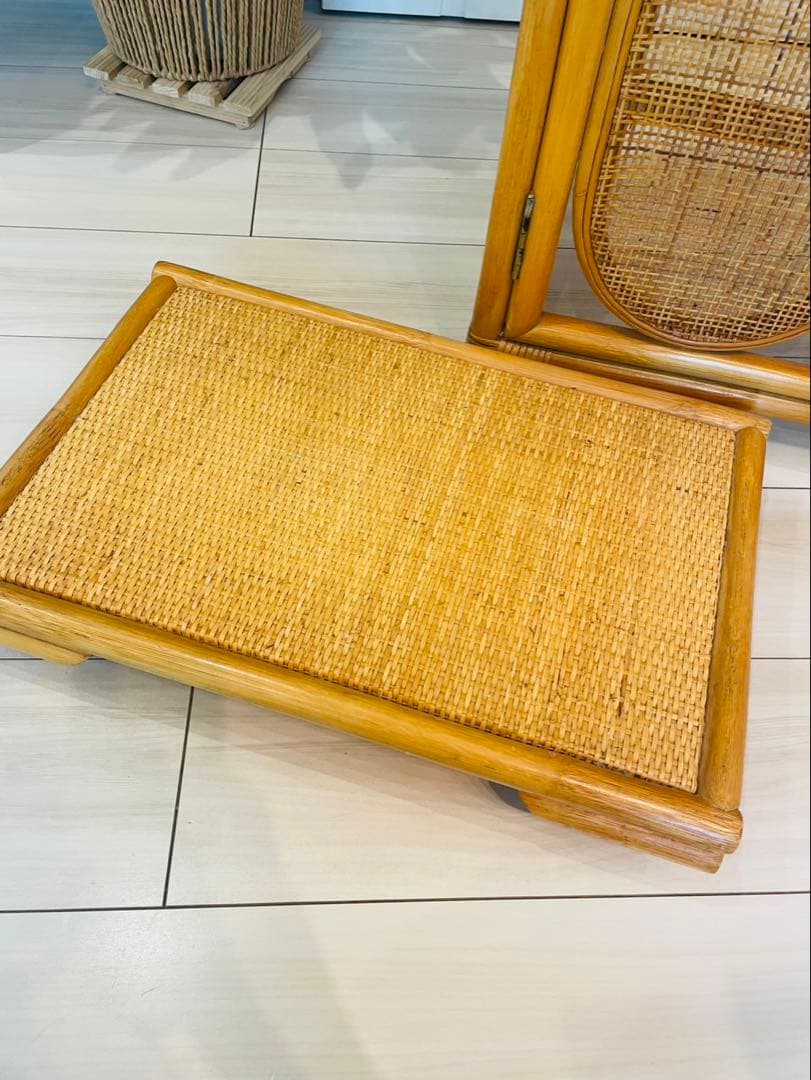 【希少】藤 ラタン わら編み 扉収納 引き出し付き チェスト 棚 ゴミ箱収納