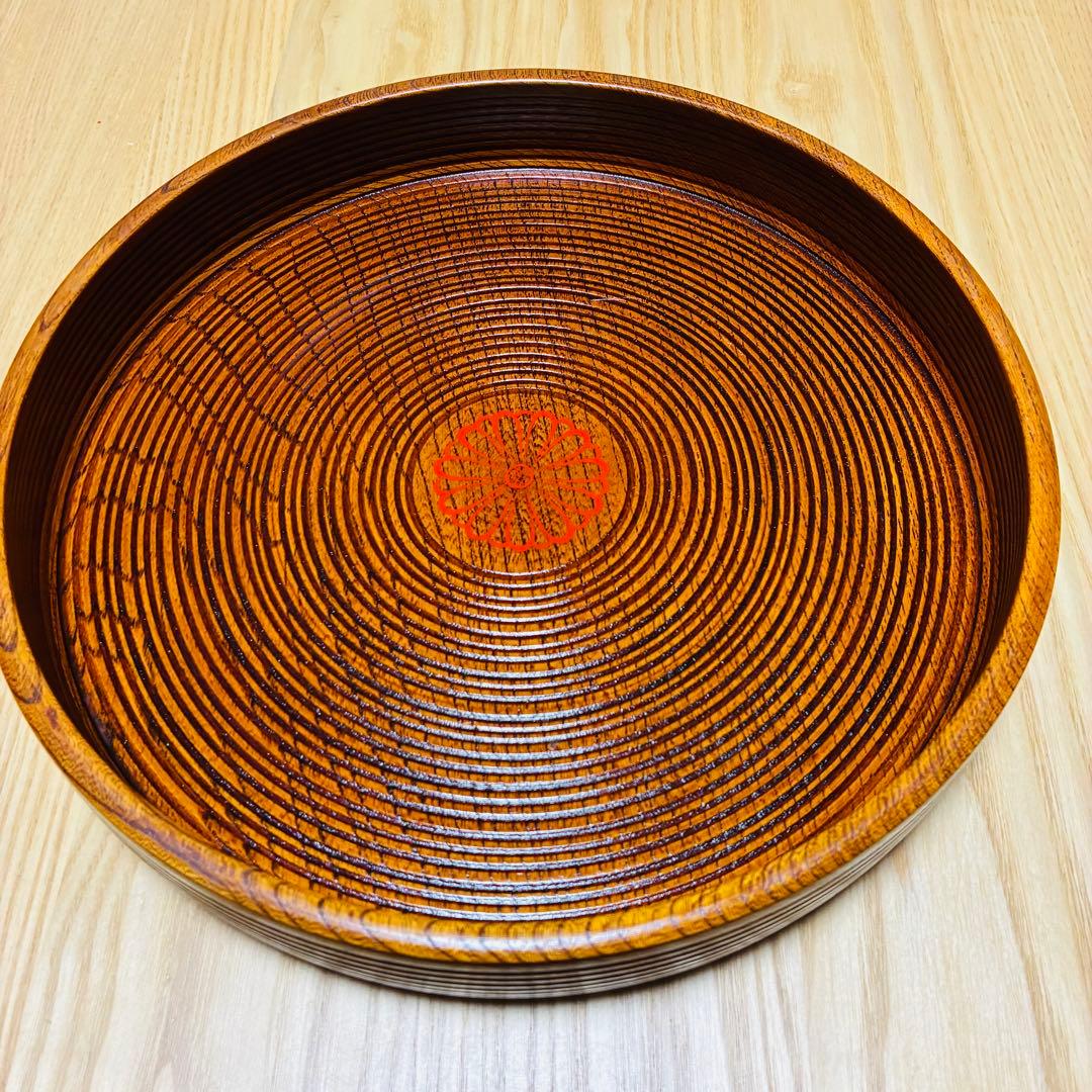 【高級】天然木くり抜き 丸盆 2枚セット 千筋挽き 菊紋 29cm 1.7万/枚