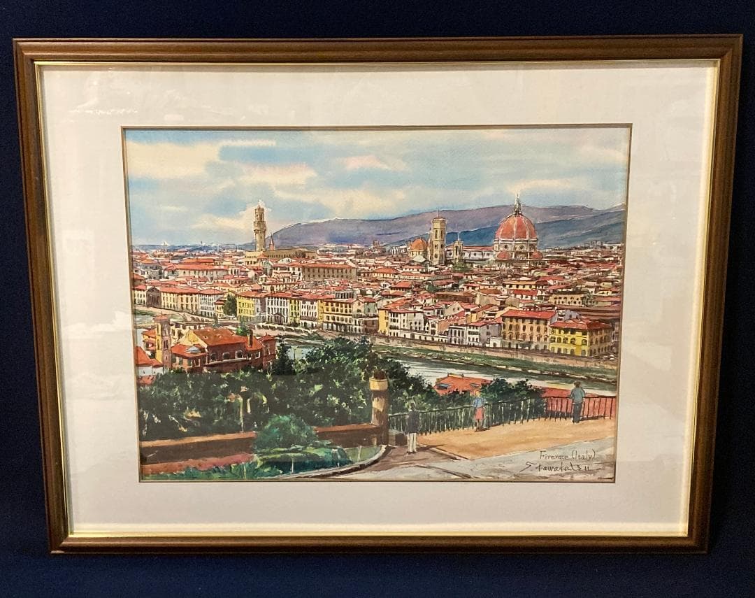 真作」川勝茂弘「フィレンツェの町(イタリア)」風景画 水彩画 額装