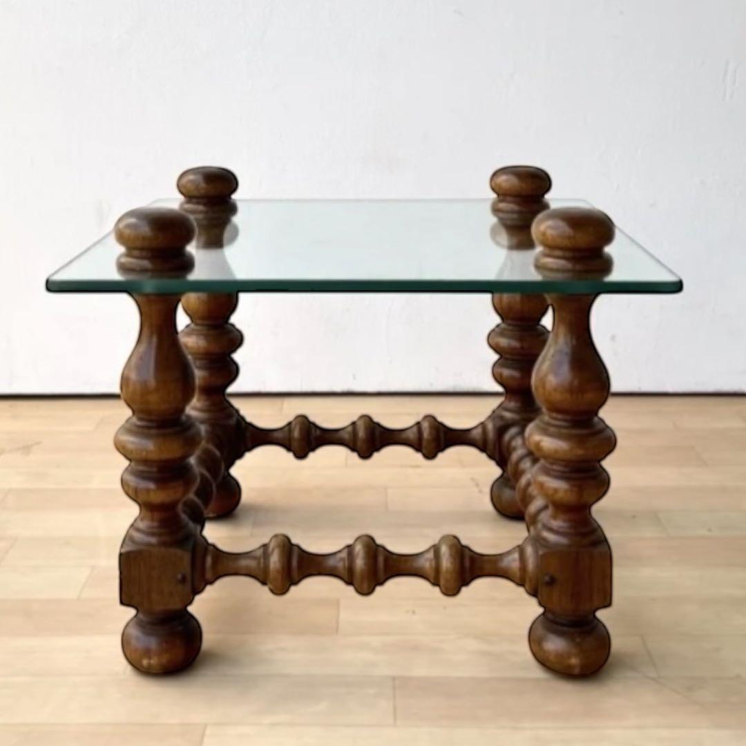 1970s アメリカ製　ヴィンテージ 木製×ガラス サイドテーブル 正方形