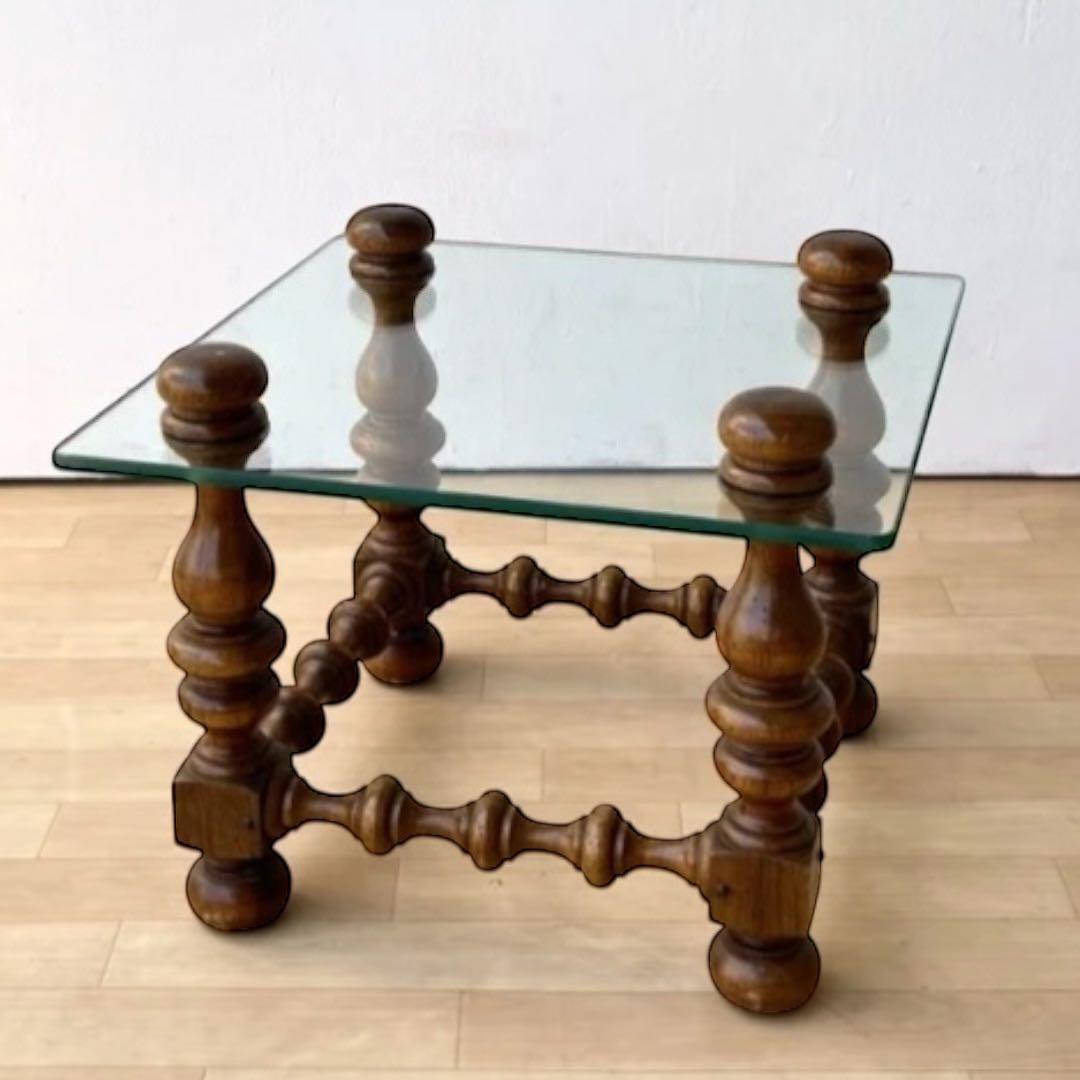 1970s アメリカ製　ヴィンテージ 木製×ガラス サイドテーブル 正方形