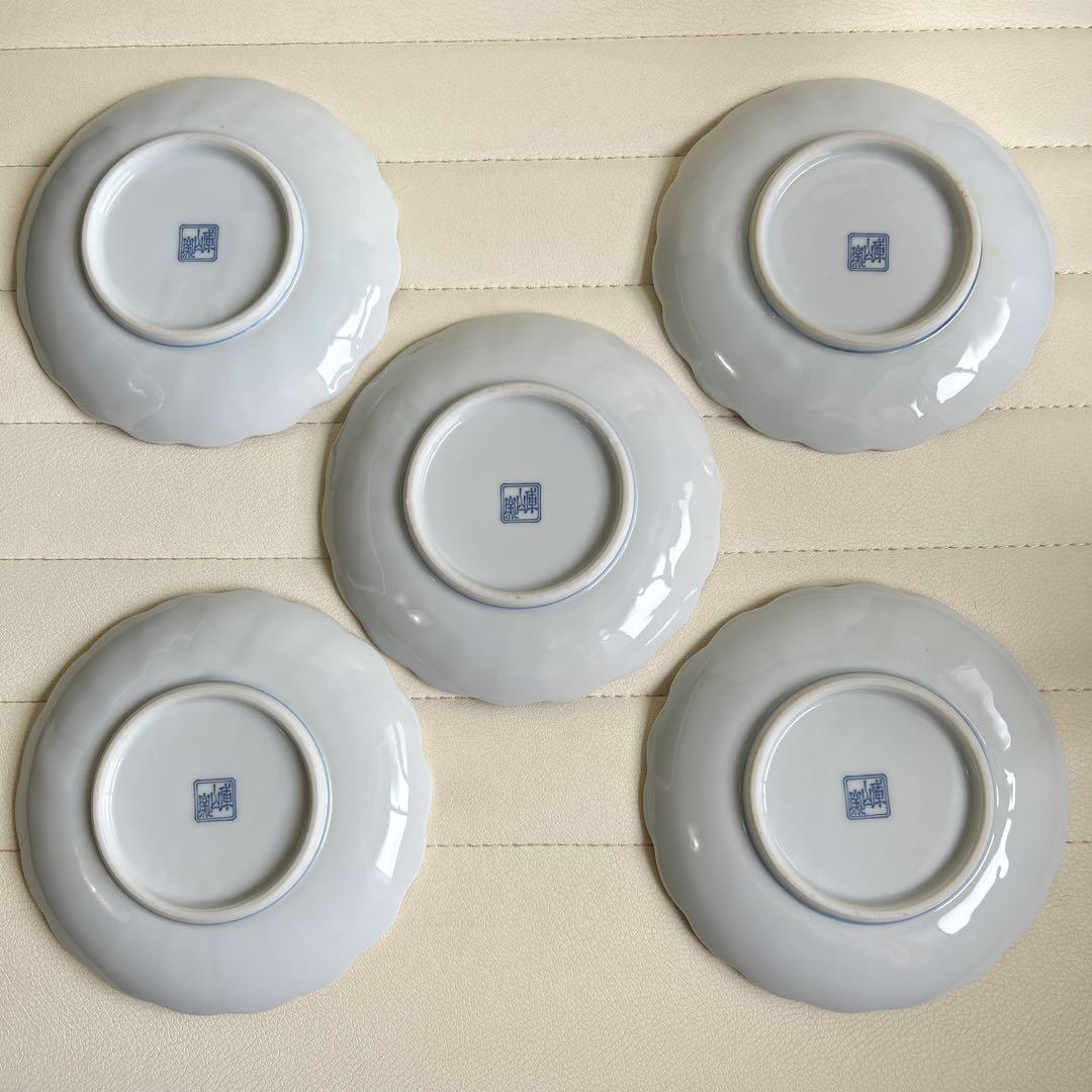 前畑 庫山窯 金彩獅子牡丹 銘々皿揃 5枚セット 菊割皿 古伊万里 亀甲