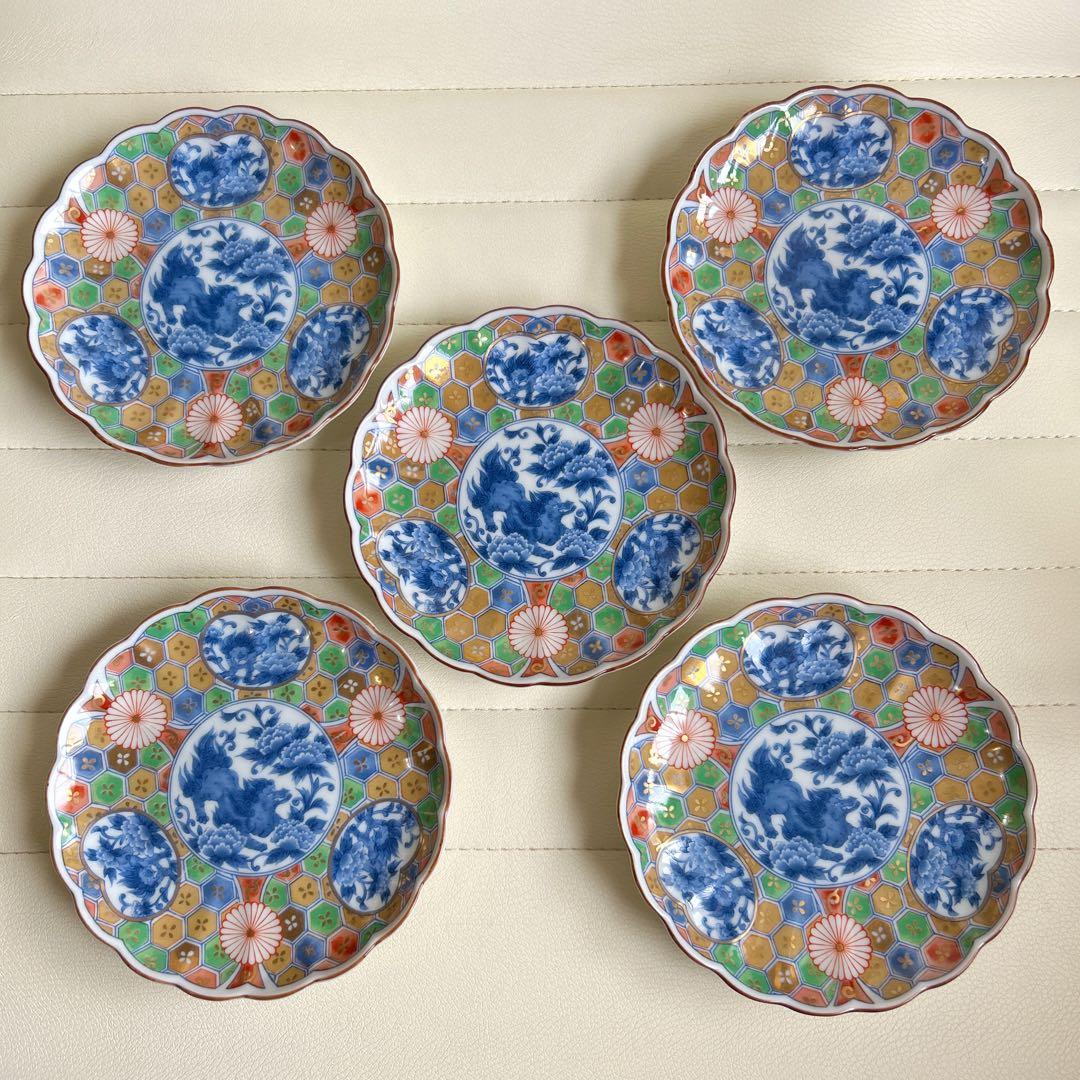 前畑 庫山窯 金彩獅子牡丹 銘々皿揃 5枚セット 菊割皿 古伊万里 亀甲