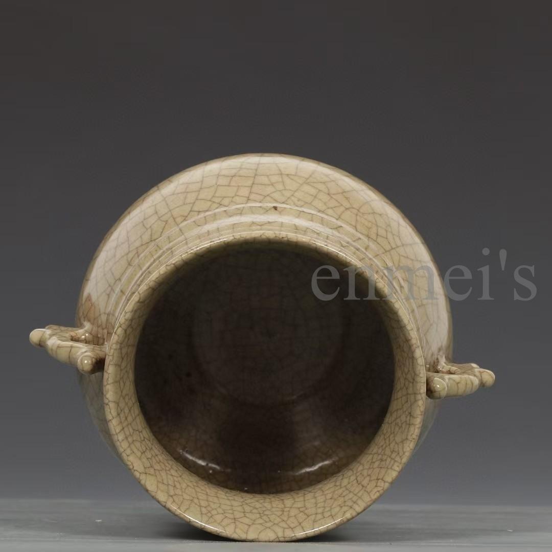 中国古美術・清哥窯款・米黄釉双耳香炉・木箱付・文房具・陶磁器・置物