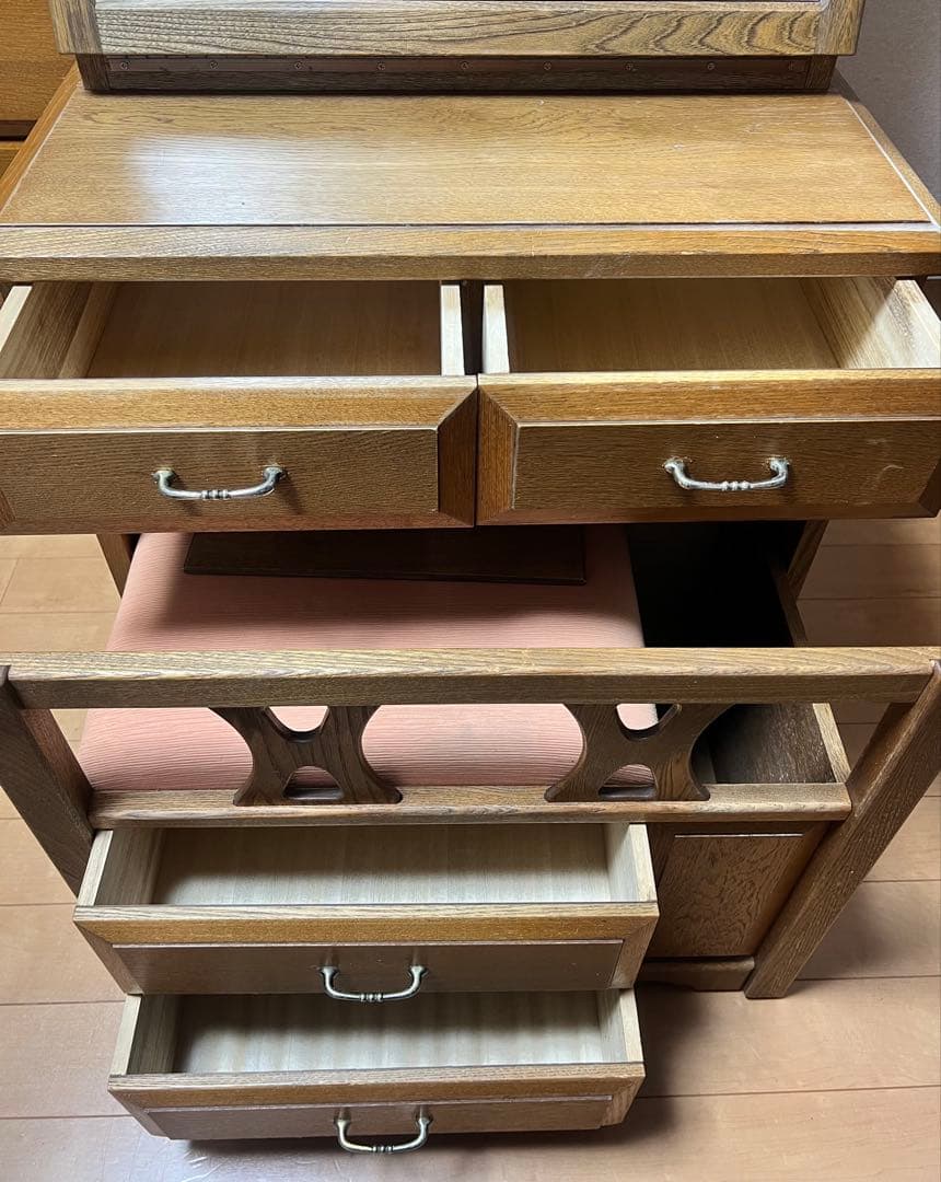 木製ドレッサー 鏡台 化粧台 コンセント 開閉式ミラー 収納付椅子