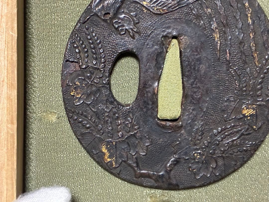 銅製 鳳凰 桐紋 象嵌 彫刻 鍔(つば) 時代物 箱入