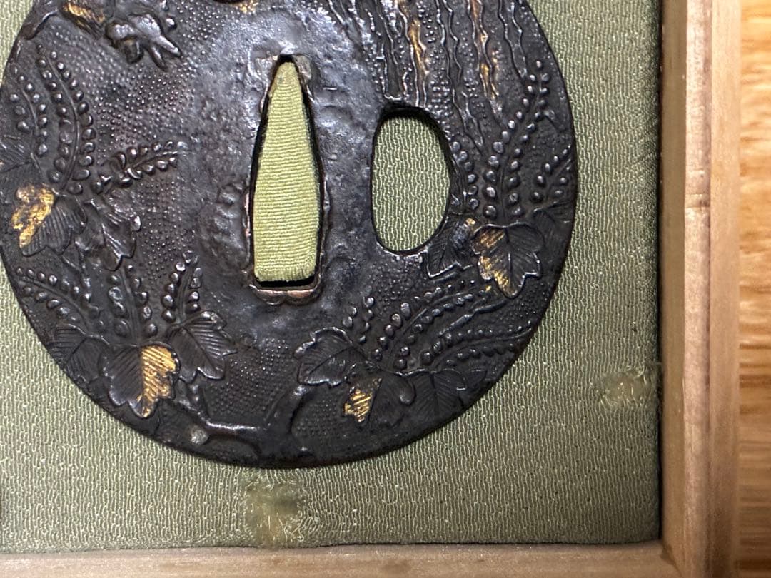 銅製 鳳凰 桐紋 象嵌 彫刻 鍔(つば) 時代物 箱入