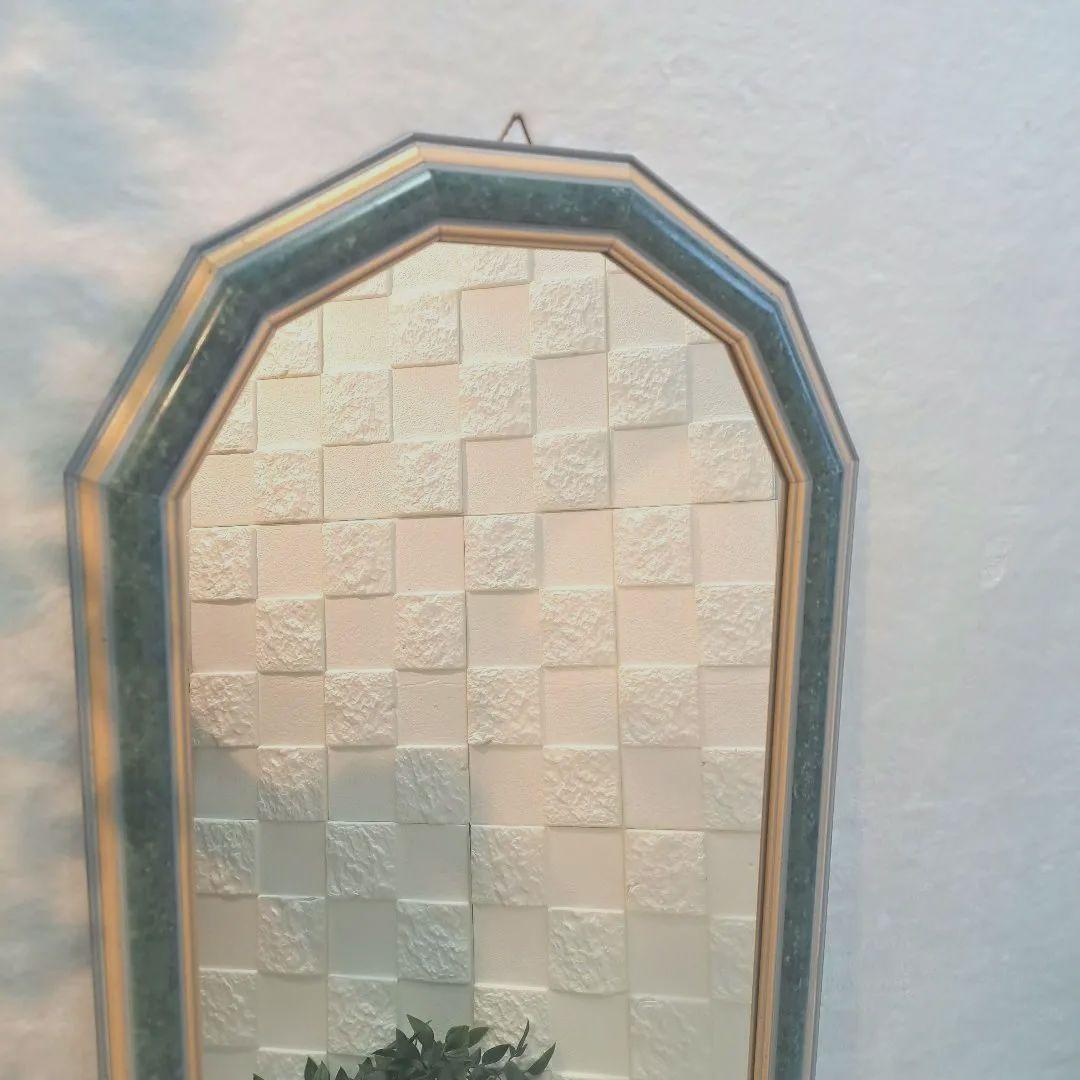 イタリア製　アンティーク ミラー 八角形 壁掛け鏡 淡いグリーン