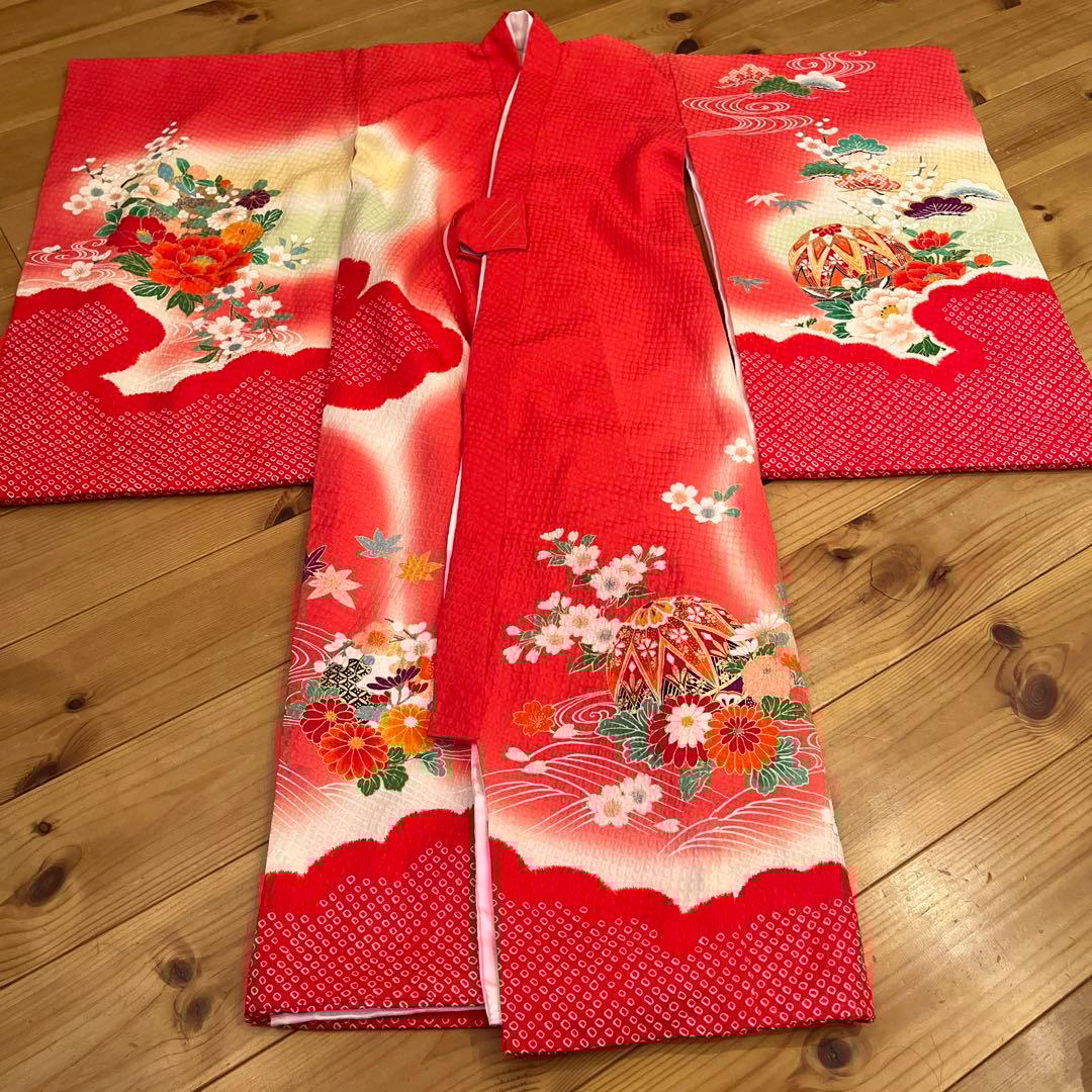 正絹　友禅調 晴れ着 朱赤 古典柄 絞り　七五三 お宮参り長襦袢セット
