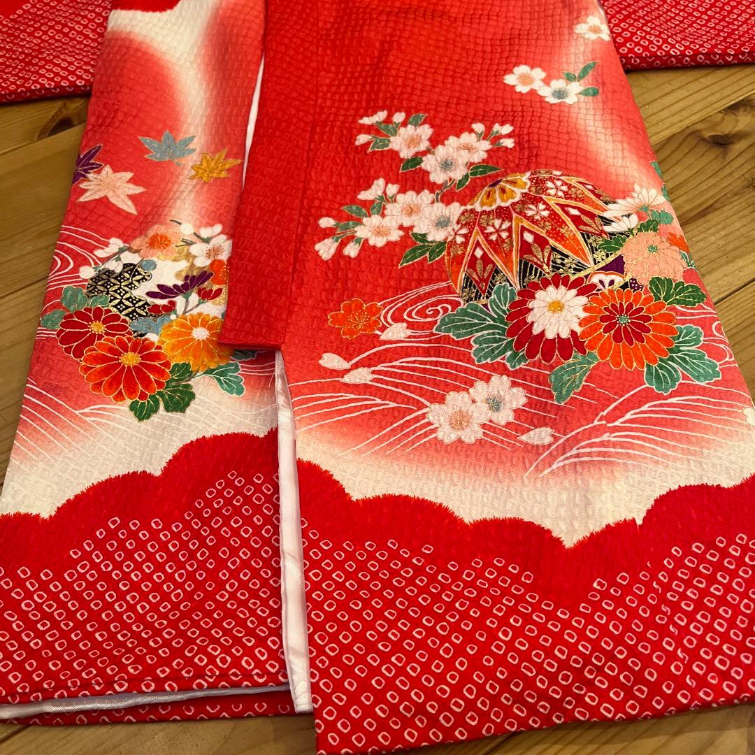 正絹　友禅調 晴れ着 朱赤 古典柄 絞り　七五三 お宮参り長襦袢セット