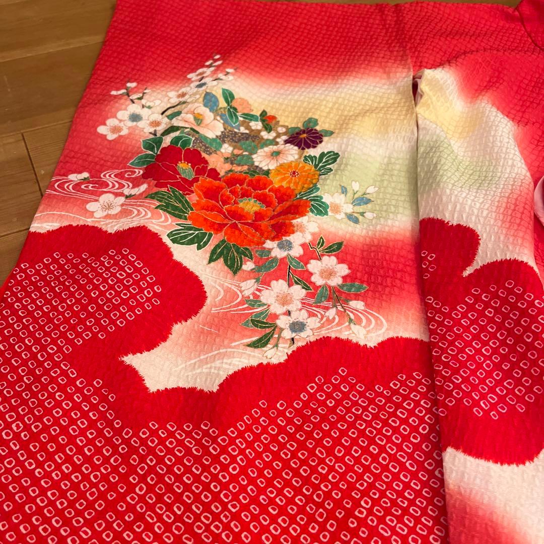 正絹　友禅調 晴れ着 朱赤 古典柄 絞り　七五三 お宮参り長襦袢セット